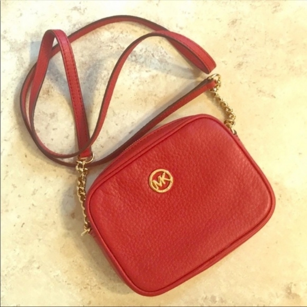 Michael Kors Fulton Chain Shoulder Bag Flame Red Leather